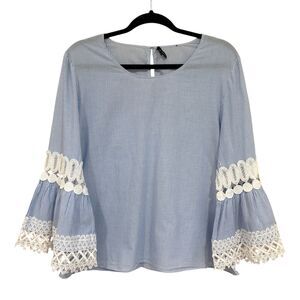 Le Gali Cotton Striped Lace Bell Sleeve Blouse Top Blue Size Large